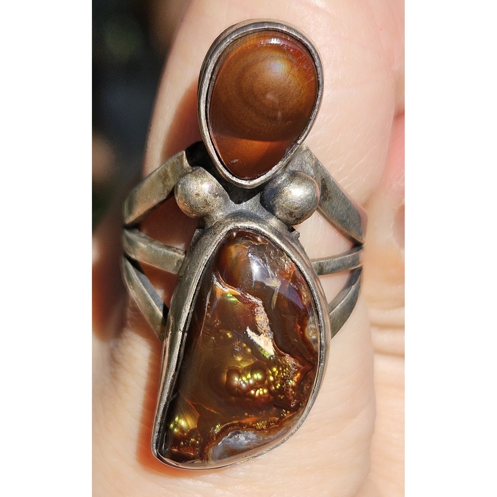 925 STERLING Silver Native American Iridescent Brown Fire Agate Ring Sz 8.5